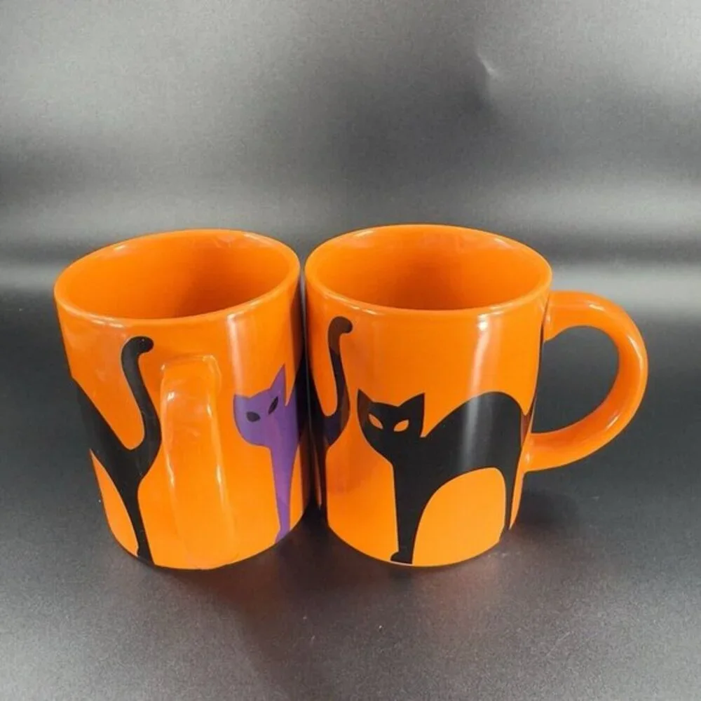 Crate & Barrel Orange Coffee Mug Cup Purple Black Halloween Cats Ceramic Set‎ 2